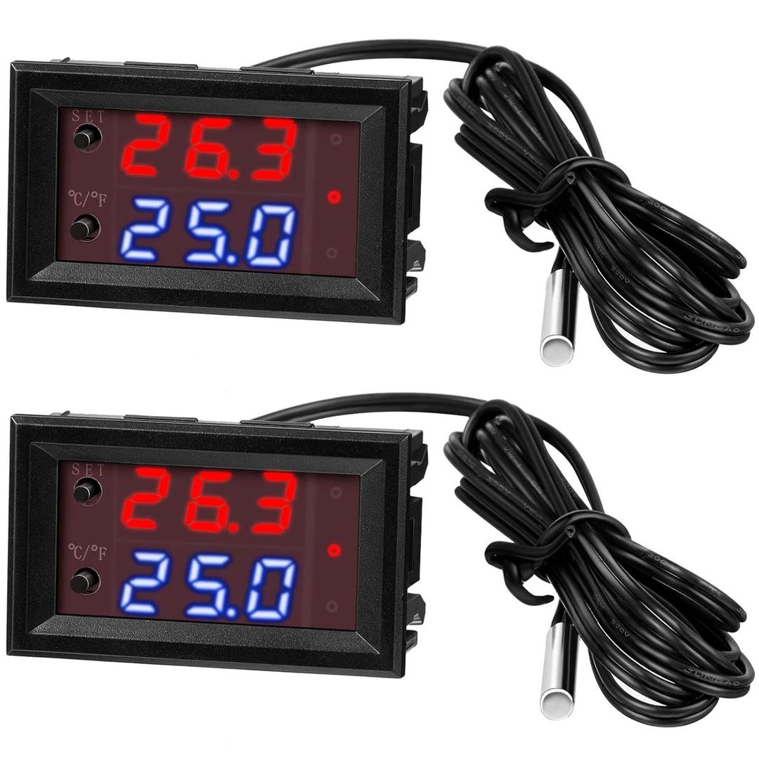 2 Pieces 12V Electronic Temperature Controller Programmable -50 to 110 Degree Celsius Heating/Cooling Thermostat Control Switch Module Ntc Waterproof Sensor Probe Dual Color LED Display Monitor