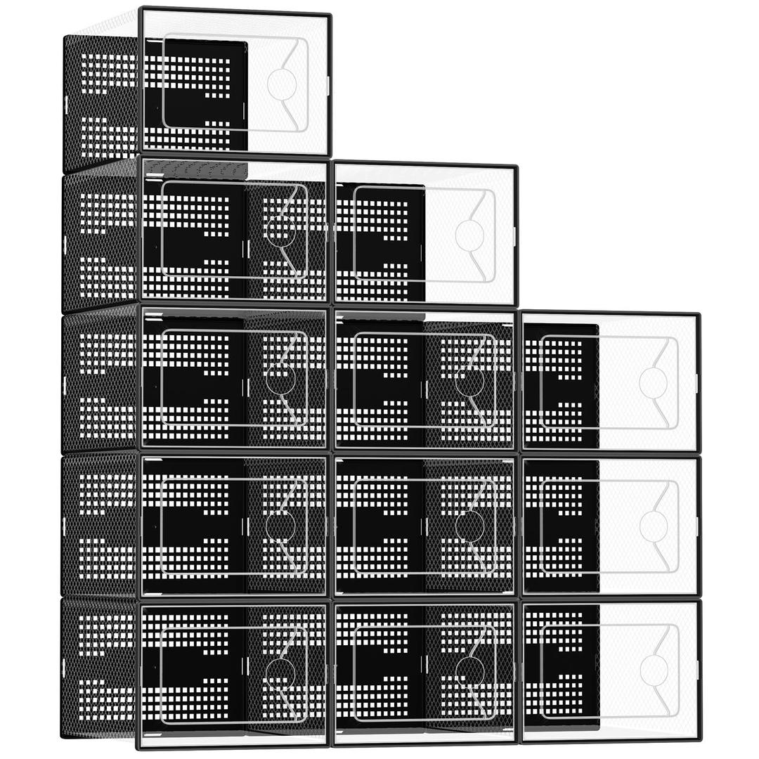 DUMOS Shoe Storage Boxes, 15 Pack Stackable Clear Shoe Containers with Lids, Display Sneaker Case Organizer for Closet, Under Bed, Entryway,Black, Fit Size 11