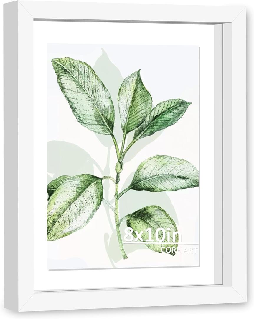 CORE ART 8x10 Floating Picture Frame, Double Plex Glass Floating Frame for 5x7,4x6 Pictures, Wall or Tabletop Display, White