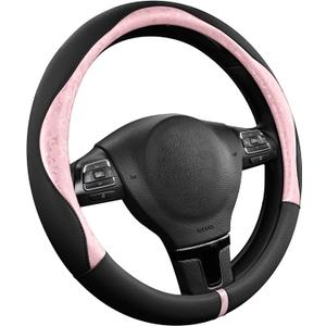 PIC AUTO Steering Wheel Cover, Pink Patterned & Black Leather Patchwork Design, Universal Fit 14.5"15.5", Anti-Slip, Odor-Free, Soft PU Grain Leather, Durable Grip Car Accessory for Girls & Women