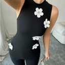 SOLY HUX Women's 3D Floral Tank Top Mock Neck Sleeveless Slim Fit Summer Tops (Black, L)