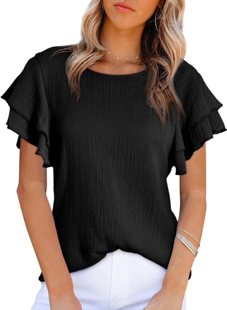 Dokotoo Womens Tops Ruffle Short Sleeve Crewneck Shirts Solid Casual Loose Babydoll Blouses (Small, Black)