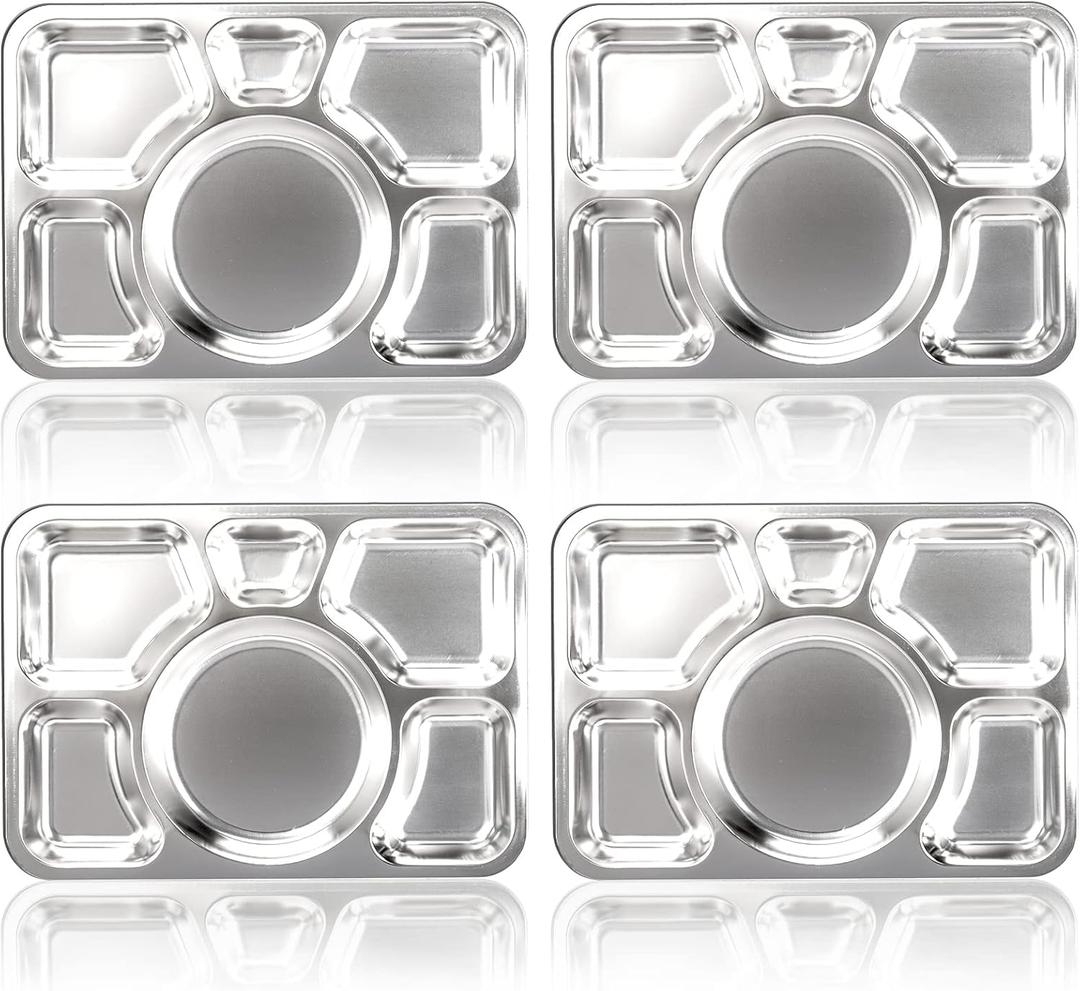 Hacaroa 4 Pack Stainless Steel Divided Dinner Plates, 15x10.6 Inches Snack Serving Plate with 6 Compartment, Metal Food Trays for Adults, Diet Food Portion Control, Picky Eaters