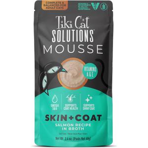 Tiki Cat Solutions Mousse Skin & Coat Mousse, Salmon Recipe, Specially Formulated with Omega Fatty Acids, Functional Wet Cat Food for Adult Cats, 2.4 oz. Pouch (12 Pack) (EXP 11/29/27)