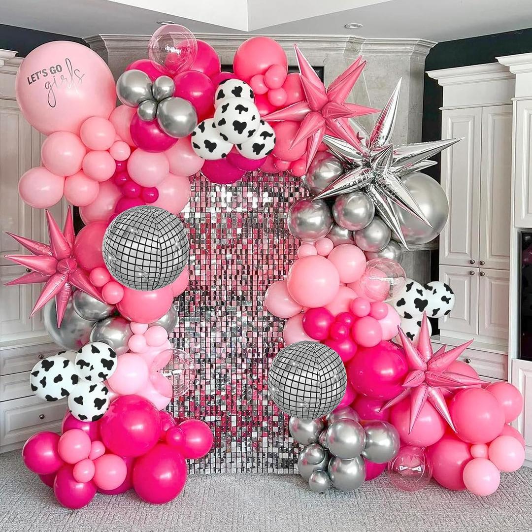 128pcs Disco Cowgirl Party Decorations, Hot Pink Silver Cowgirl Balloon Arch Garlan Kit with Disco Foil Cow Print Balloons for Bachelorette Birthday Party Decorations
