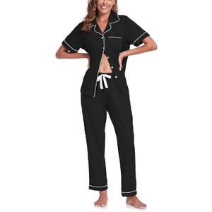 COLORFULLEAF Women's 100% Cotton Pajamas Set Button Down Sleepwear Short Sleeve Shirt and Long Pants Soft Ladies Lounge Sets (Black, M)