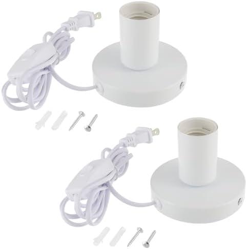 HUAREW Polished Metal Desktop Lamp Base, E26 E27 Screw Light Socket Edison Bulb Holder Base, Small Industrial Table Lamp Base Only, 6ft Cord On/Off Switch US Plug (White,2 Pack)