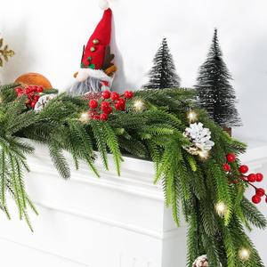 Fayoo Christmas Norfolk Pine Garland Set-9 Ft Artificial Faux Greenery Garland 8 Red Berries Stems 10 Pine Cones for Holiday Mantle Table Fireplace Wall Home Wedding Decor