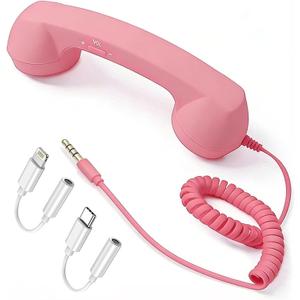 Retro Phone Handset for Cell Phone Wired Vintage Telephone Receiver with 3.5mm Jack, Includes USB-C & Lightning Adapters, Built-in Microphone & Speaker, Fun Desk Accessory (Pink)