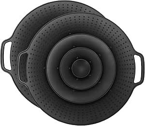 Pack of 1 Silicone Splash Guards, Black Boil Over Protection, Cooking Protection, Splash Guard Pans, Pot Lid with Double Ear Splash Guard, for Pots and Pans, Microwave Lid, Splash Guard