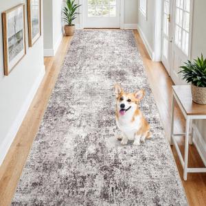 4x12 Washable Hallway Runner Rug - Wide Kitchen Runners Modern Abstract Low Pile Carpet Soft Thin Floor Mat with Non-Slip Rubber Backing for Entryway Living Room Bedroom Home Decor (Gray Cream,4x12)