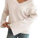 Yousify Womens V Neck Oversized Sweaters Long Sleeve Knit Pullover Trendy Casual Chunky Sweater (Beige, M)