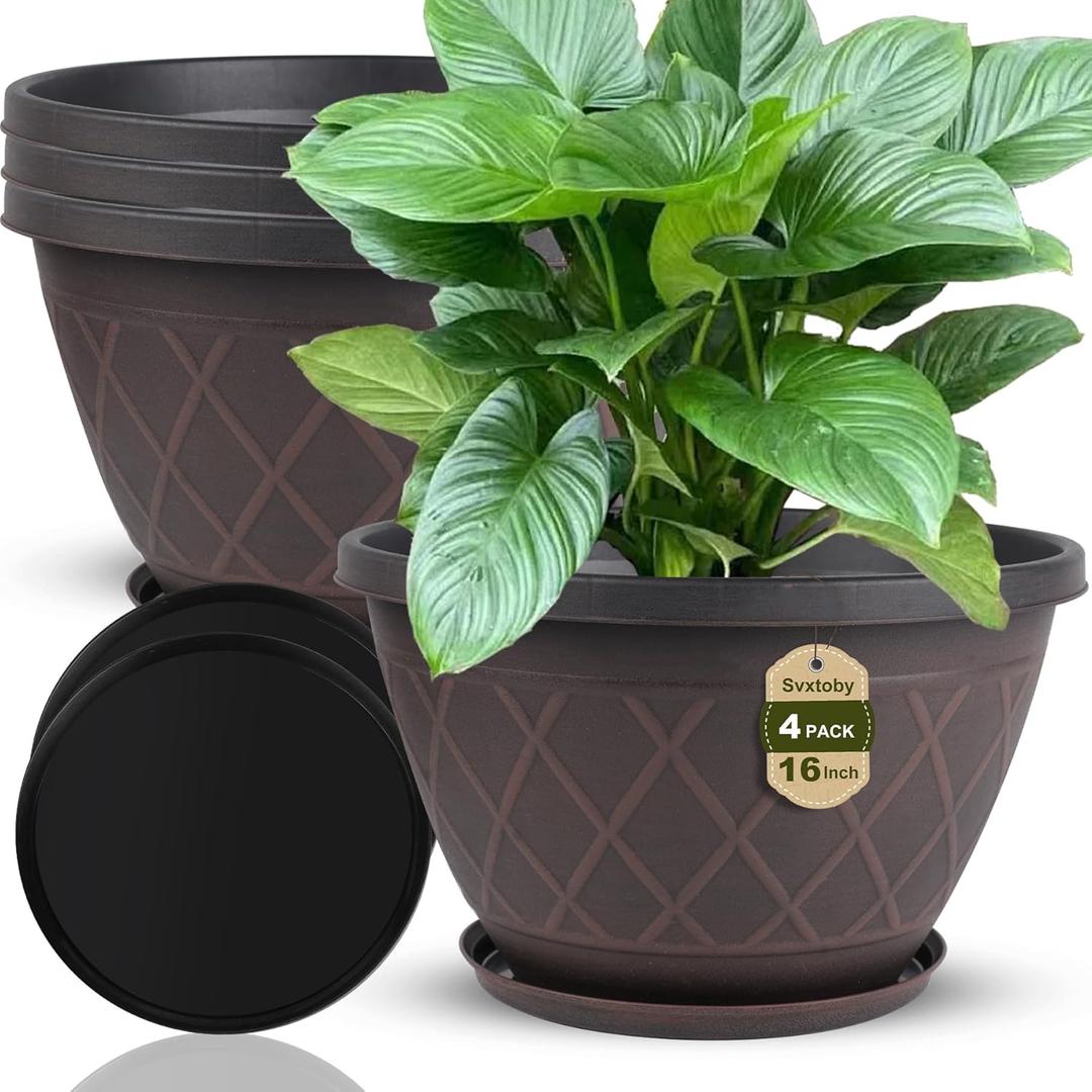 4 Pack 16 Inch Large Plant Pots, Plastic Flower Pots for Indoor & Outdoor with Drainage Holes & Saucer, Imitation Diamond Pattern Design Planters Garden Pots for Herbs (Brown)