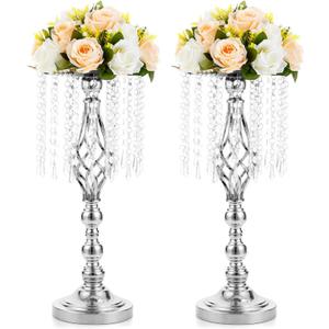 2 Pcs 19.3 inches Tall Crystal Flower Stand Wedding Road Lead Tall Flower Holders Centerpiece Crystal Flower Chandelier Metal Flower Vase for Reception Tables Wedding Supplies (Silver)
