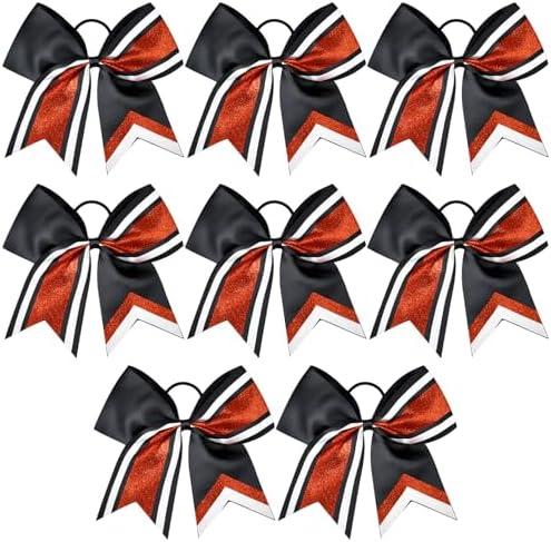 8 PCS Large Glitter Cheer Bows 8" Hair Bows Sparkly Cheerleading Softball Team Bow Hair Ponytail Holder Accessories for cheerleaders football Competition Sports- Red Black White