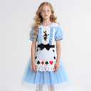 Princess Costume for Girls Halloween Dress with Headband and Stockings (140(6-7T), Blue)