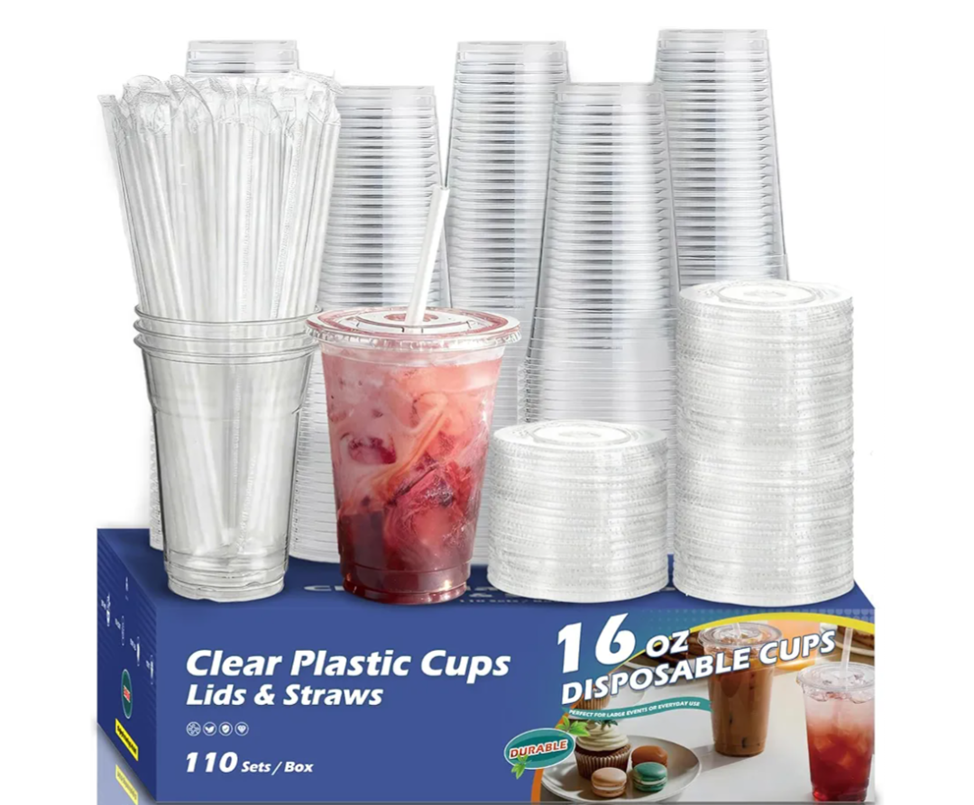 110 Pack 1 oz Plastic Cups with Lids and Straws,Sturdy Disposable Iced Coffee Cups with Lids,Clear To Go Cups For Smoothie,Cold Drinks