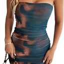 Women's Strapless Ruched Mini Dress, Lined Print Mesh Sexy Short Bodycon Party Club Tube Dresses (Medium, Black)