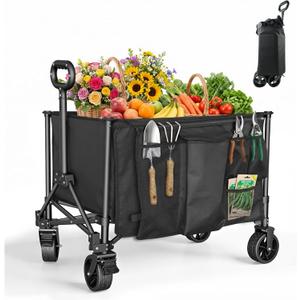 Small Collapsible Wagon Carts 140L with Waterproof Cover, 360LBS Heavy Duty Foldable Grocery Cart with Detachable Side Pouch & 360° Front Wheels for Garden,Camping, Shopping, Outdoor Sports (Black)