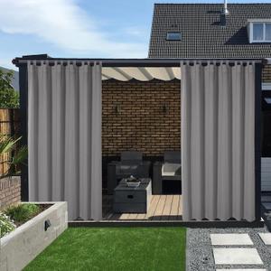 LORDTEX Waterproof Indoor/Outdoor Curtains for Patio - Thermal Insulated, Sun Blocking Detachable Sticky Tab Top Blackout Curtains for Bedroom, Porch, Pergola, 100 x 84 inch, 2 Panels, Veridian Grey