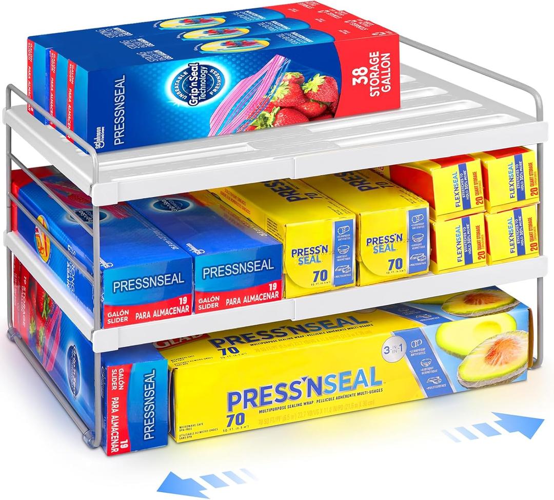 Pantry Organizers and Storage,3 Tiers Expandable Foil and Plastic Wrap Organizer, Adjustable Kitchen Cabinet Shelf Organizer, Shelves Storage Rack for Cabinet Countertop (9.8" To 15.6"L) (Gray)