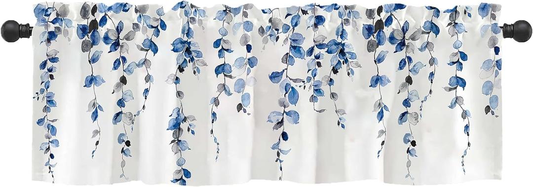 Watercolor Blue Leaves Window Valance for Bedroom Living Room, Grey Leaf Vine Plant Curtains Valanes for Windows, 3" Rod Pocket Window Treatment for Season Home Decorations, 54 x 18 Inch, 1 Panel