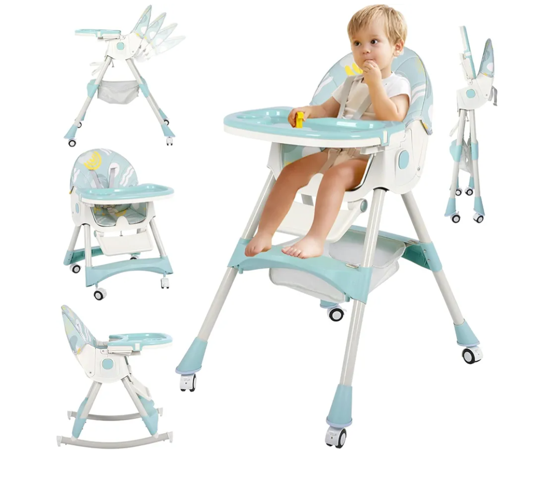 6 in 1 Convertible Baby High Chair with Wheels and Footrest,Foldable Portable Adjustable Backrest and Seat Height for Infant Toddler Baby Boy Girl,Green