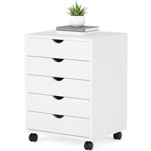 5 Drawer Mobile File Cabinet Under Desk Storage Organization with Wheels Vertical Filing Chest Rolling Wood Small Desk Printer Stand for Home Office, White