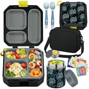 Bento Lunch Box for Kids with 12oz Soup Thermo Leak-Proof Lunch Food Container with 5 Compartment Thermo Hot Food Jar and Insulated Lunch Bag for Kid Toddler Girls Boys to School (Black - Gamepad)