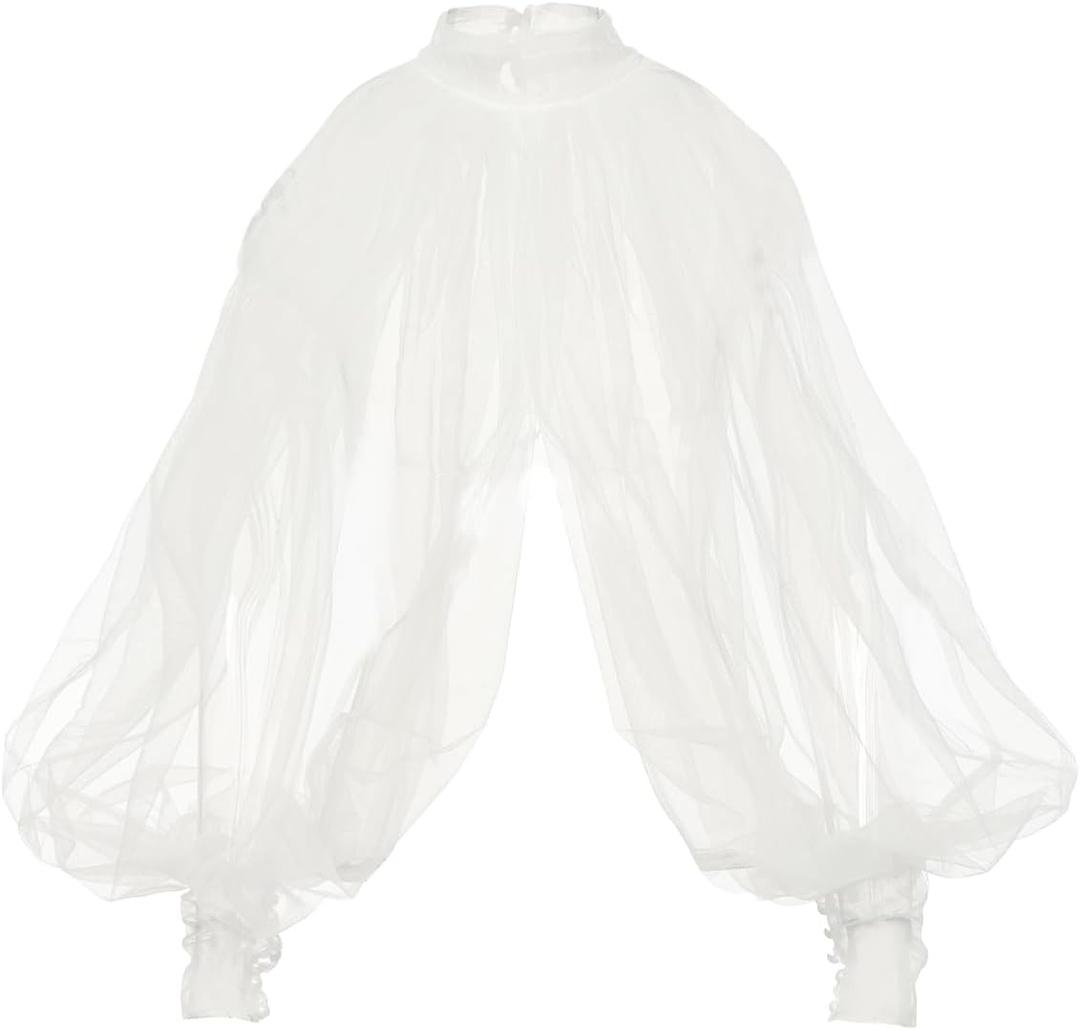 Women's Sexy Batwing Long Sleeves Sheer Shirt See Through Mock Neck Irregular Tops Front Back Split Shawl (White)