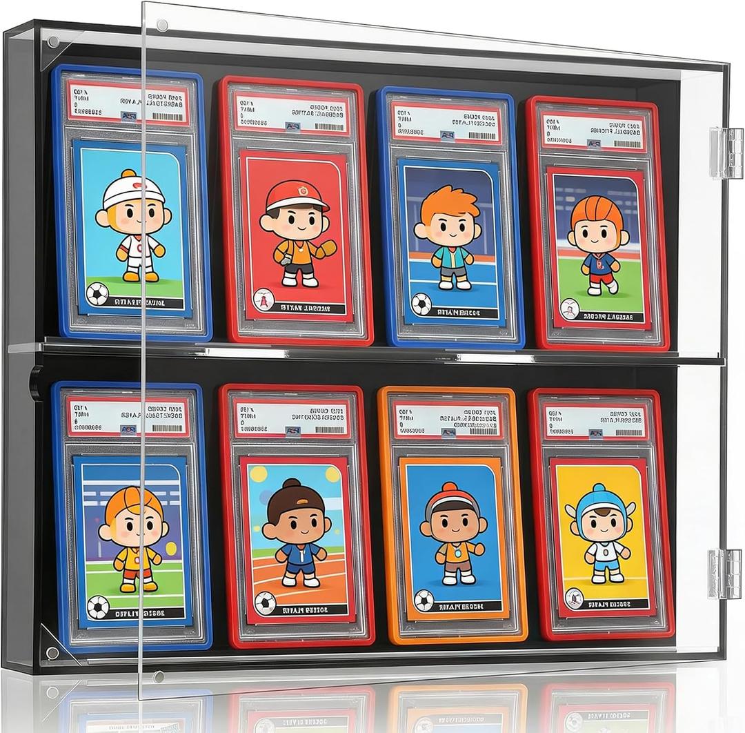 Acrylic Sports Card Display Case, Wall Mount Frame with UV Protection Clear View for 8 Graded Trading Cards, Display for Baseball Football Basketball Hockey Collections, Black