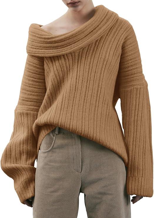 Saodimallsu Womens Off The Shoulder Sweater Top Oversized Fall Batwing Boat Neck Knit Sexy Casual Pullover