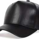 Leather Baseball Cap, Adjustable PU Leather Outdoor Sport Caps for Men Women (One Size, Black)