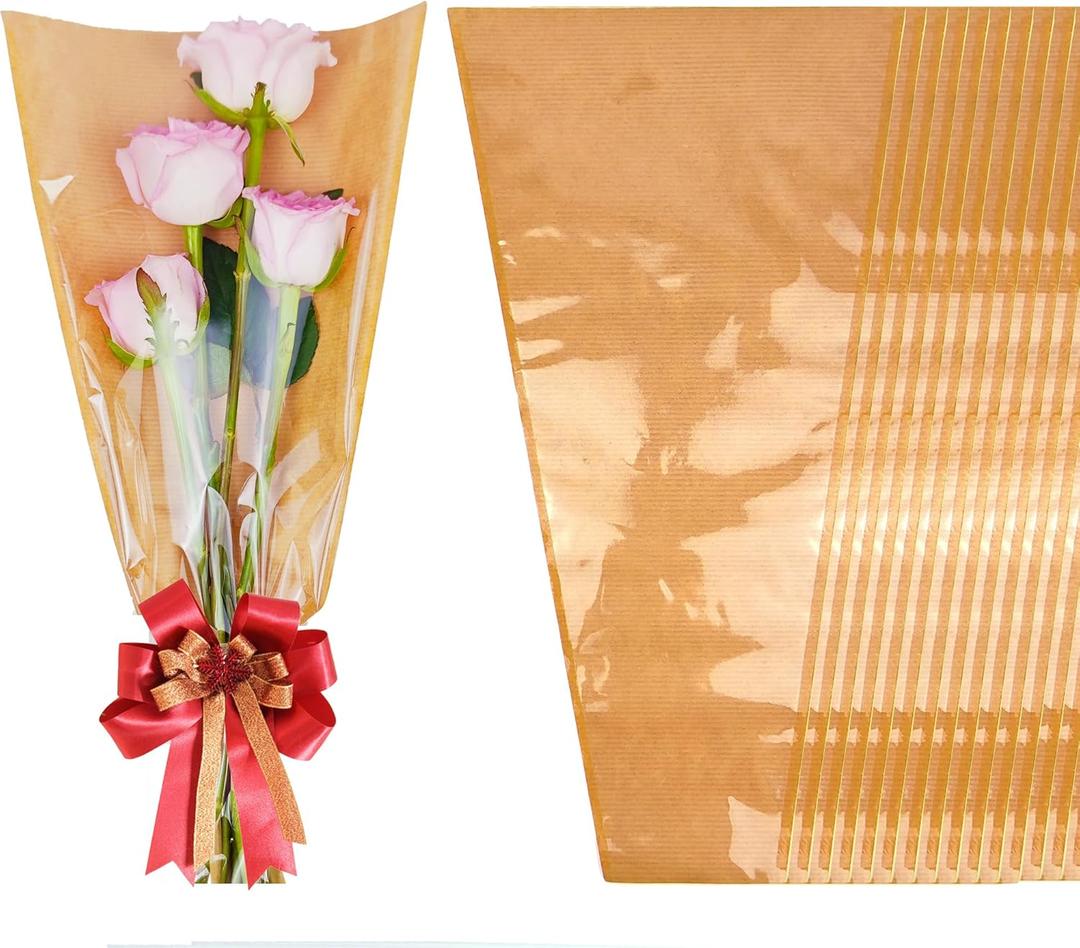 SELANTAG 50 Pack Flower Bags for Bouquets, Kraft Floral Wrapping Paper, Sleeves Perfect for Mother's Day, Wedding (9.8in x 18in x 3.9in)