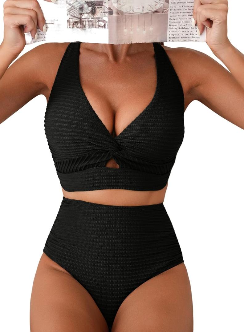 Herseas Women's Textured Bikini Sets Twist Front Top Swimsuits High Waisted Bathing Suits (Black, XL)