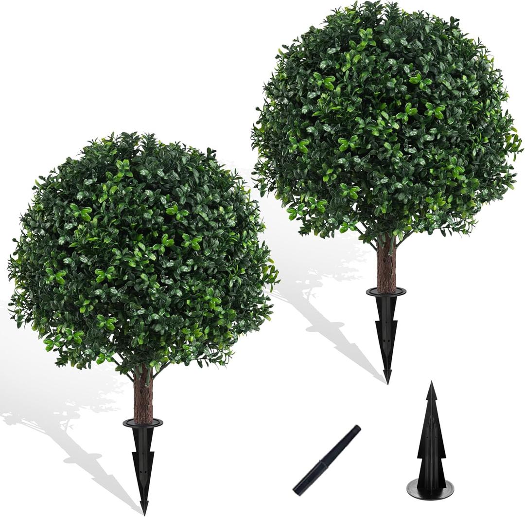 Artificial Boxwood Topiary Ball Bush for Outdoor with Spike, Set of 2 UV Resistant Faux Boxwood Ball Tree with Stake, Weatherproof Fake Round Topiary Shrub Plant for Front Porch Planter (Green)