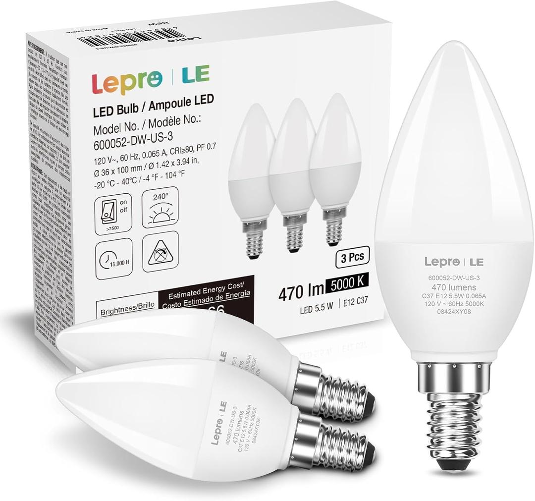 Lepro E12 LED Candelabra Light Bulbs, 5000 Kelvin Daylight White 5.5 watt, 40 watt Equivalent B11 C37 Ceiling Fan Bulb Chandelier Bulbs, Type B Small Base Candle Lights, Plastic, Not-dimmable, 3-Pack