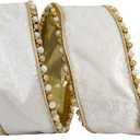 Reliant Ribbon Velvet Trimming Ornamental Deluxe Metallic Backed Wired Edge Ribbon, Ivory