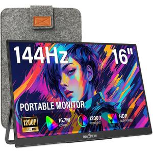 InnoView 16" Portable Monitor 144Hz Portable Gaming Monitor with Protective Sleeve, 1200P FHD External Monitor, Lightweight, Extra Second Screen for Laptop, PS5, Mac, Xbox (Not Includes Adapter)