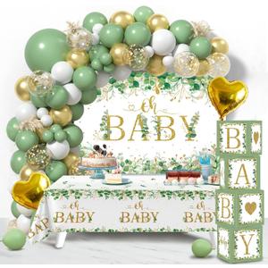 Sage Green Baby Shower Decorations for Boy Girl 106pcs Greenery Balloon Arch Kit, Baby Box,Tablecloth and Backdrop for Boho Woodland Jungle Theme Baby Shower Decor Neutral Party Supplies
