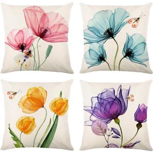 Flower Decorative Throw Pillow Covers 18x18 Inch Watercolor Floral Farmhouse Cushion Cover 4 Pcs Pink Yellow Purple Blue Tulip Pillow Case for Couch Sofa Home Decor (18" x 18" (Pack of 4), Spring_2)