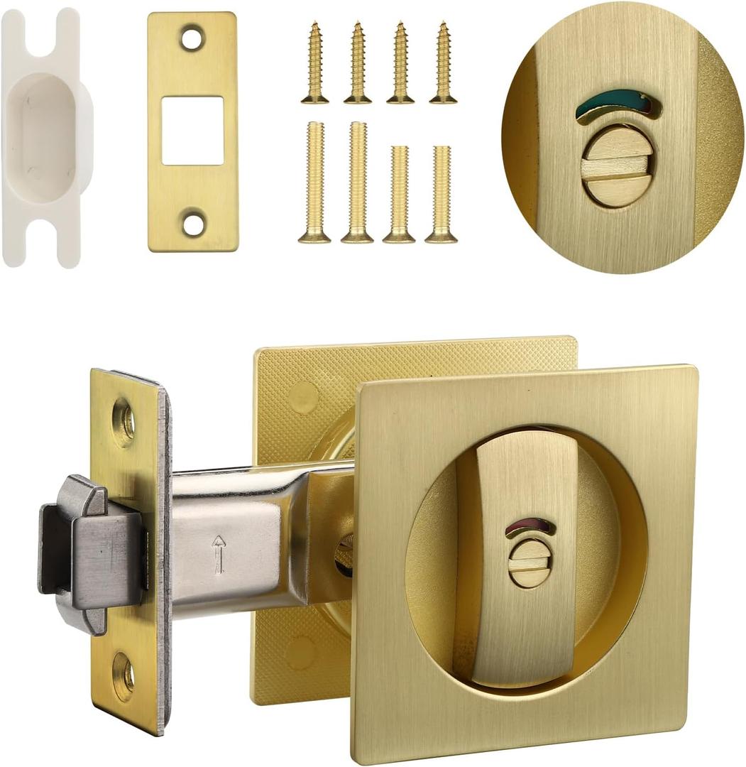 3 x Maxx Geek Sliding Square Pocket Door Lock with Privacy Color Indicators, 2-3/8" Backset, Fits Standard 2-1/8'' Bore Size and Door Thickness of 1-3/8" to 1-3/4", No-Handed, Glod