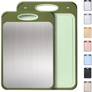 2 in 1 Stainless Steel Cutting Board with Handle 2 Packs Metal Chopping Board Solid Thick Wood Juice Groove Chopping Board Small Big Xl XXl xlarge Oversized Kitchen Counter Organic Vegetable Meat Kit (Morandi Green)