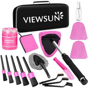 Viewsun Windshield Cleaner Tool, 17Pcs Pink Car Interior Cleaning Kit, Detailing Kit Cleaner, Detailing Brush, Cleaning Gel, Inside Cleaning Supplies Accessories for Women Girl Gift