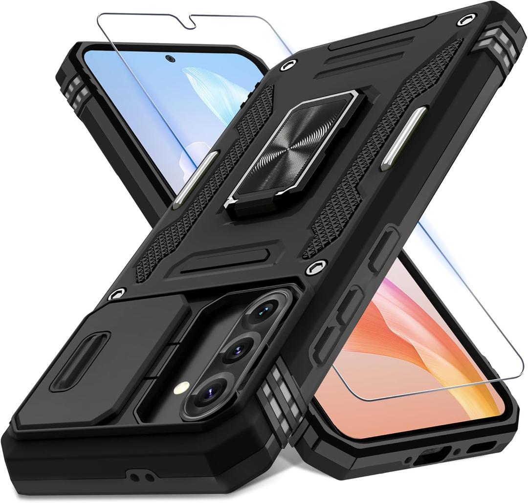 DEERLAMN Case for Samsung Galaxy A36 5G,Galaxy A56 Case with Slide Camera Cover+Screen Protector, Rotated Ring Kickstand Military Grade Shockproof Protective Cover-Black