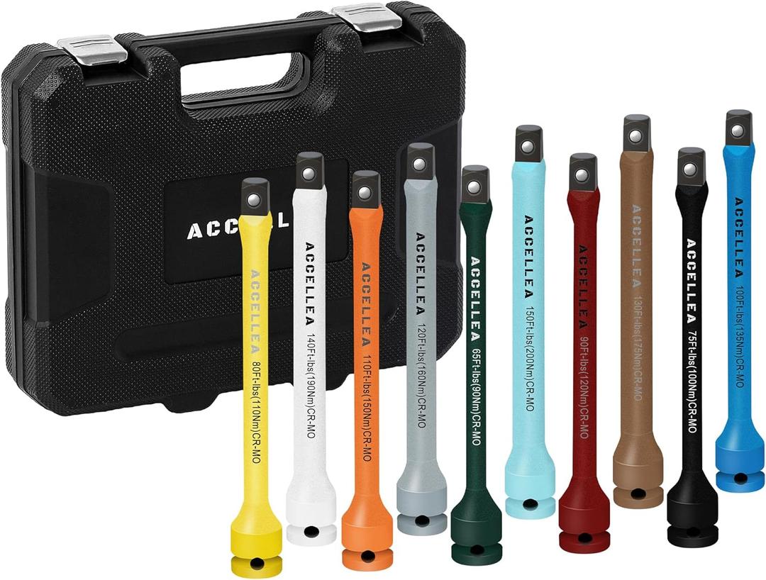 10-Piece Torque Limiting Extension Bar Set, 1/2" Drive, 8" Long, 65-150 Ft-lbs, CR-MO, SAE Standard, Color-Coded Impact Socket Extension Bar Set with Storage Case, for Tire Repair & Drills