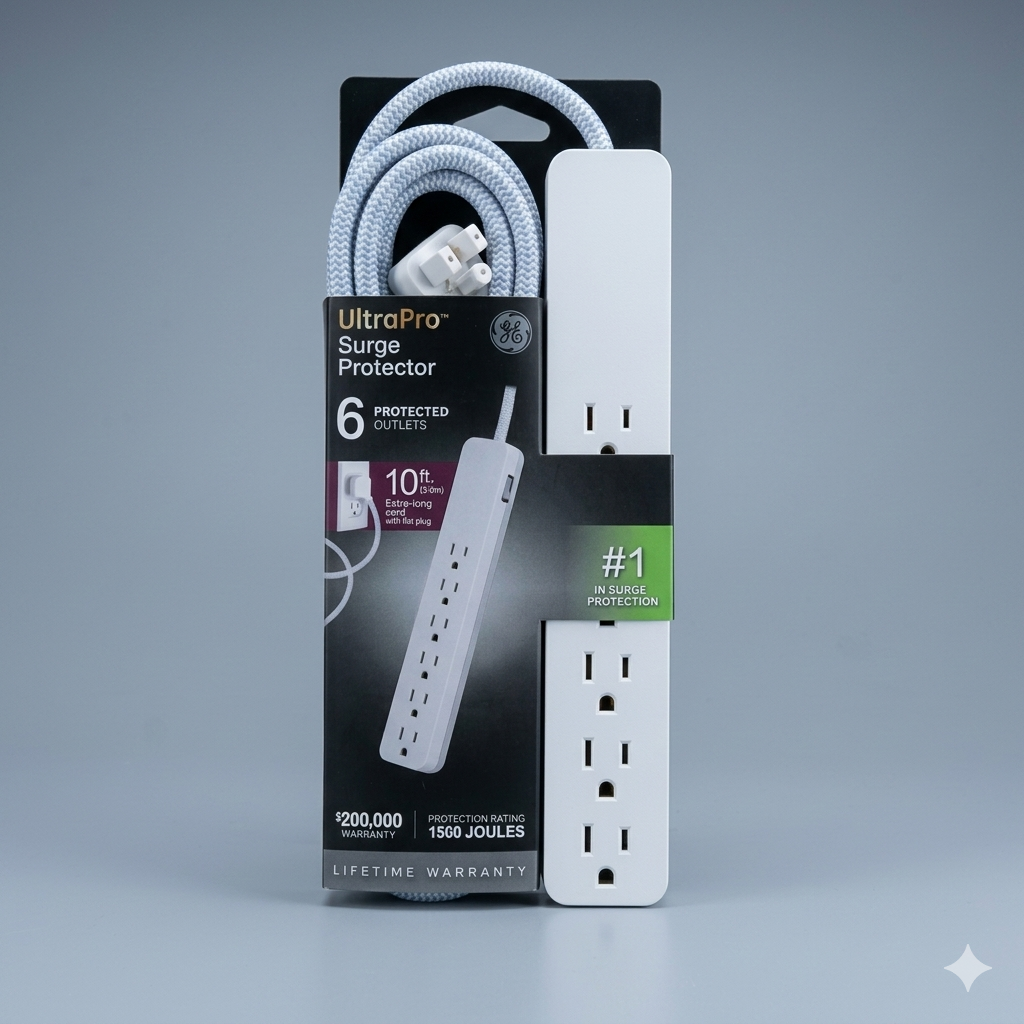 ULTRAPRO Surge Protector 6 Outlets Fast Charge Flat Plug Long Cord 10ft, White