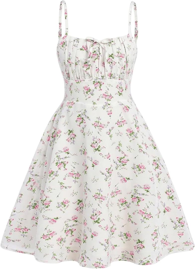 RoseSeek Girl's Floral Print Summer Dress Bowknot Ruched Bust A Line Cami Dress High Waist Ruffle Hem Cute Sun Dresses 12Y