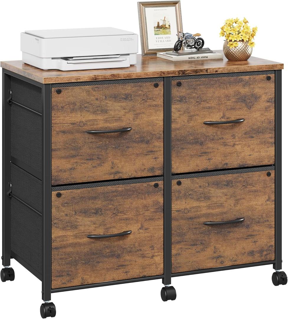 4 Drawer Lateral File Cabinet, Mobile Filing Cabinet for Large Printer, Home Office Functional Small Office Storage Cabinet & Printer Stand, Fits Letter/A4, Rustic Brown