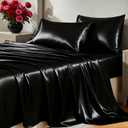 CozyLux Satin Sheets Queen Size Bed Set - 4 Piece Silky Queen Sheet Set, Luxury Black Queen Sheets with Smooth and Soft Microfiber, Includes 1 Fitted Sheet, 1 Flat Sheet and 2 Pillowcases